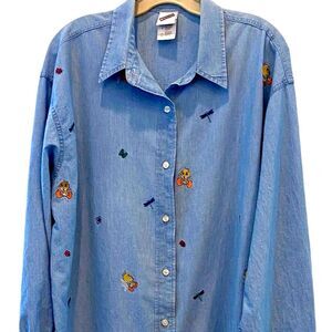Vtg Warner Bros Tweety Bird Embroidered BLUE Women’s Denim Chambray Button Up L